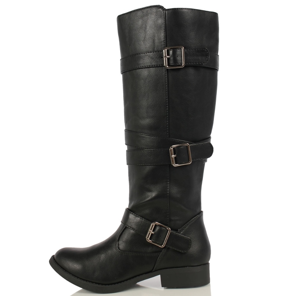 size 6 Black Strappy Knee High Low Heel Riding Boo - Picture 2 of 5